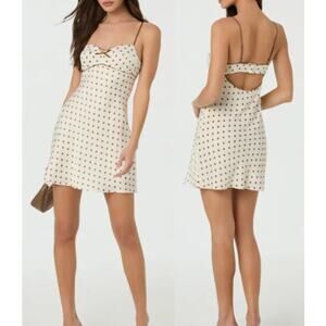 NWT ASTR the Label Satin Bow Trim Polka Dot Mini Dress White/Brown Womens Size L